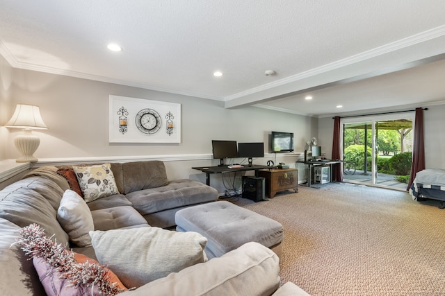 carpeted living area featuring crown molding and recessed lighting