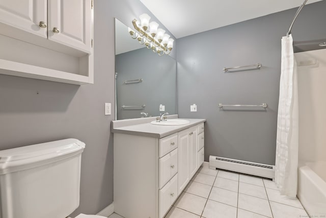 bathroom with toilet, tile patterned floors, baseboard heating, and vanity
