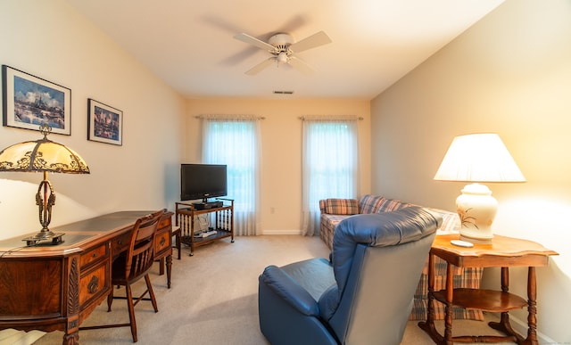 42 N Woods Rd, Hamden, CT 06518 - living area featuring ceiling fan, an office area, light colored carpet, and baseboards