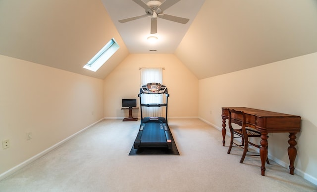 42 N Woods Rd, Hamden, CT 06518 - exercise room with carpet floors, a skylight, lofted ceiling, baseboards, and ceiling fan