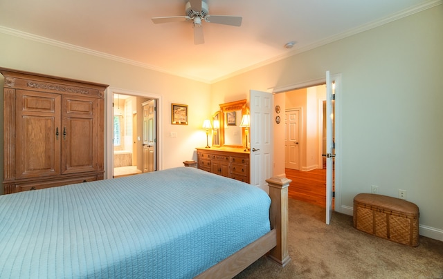 42 N Woods Rd, Hamden, CT 06518 - carpeted bedroom with crown molding, baseboards, ensuite bathroom, and ceiling fan