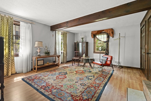 63 Schofield Rd Apt 60, Willington, CT 06279 - living area featuring a textured ceiling, wood finished floors, beam ceiling, and baseboards