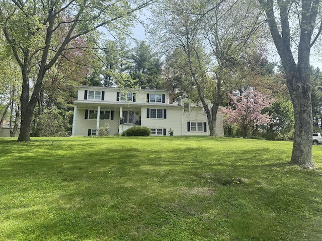 view of front facade with a chimney and a front yard