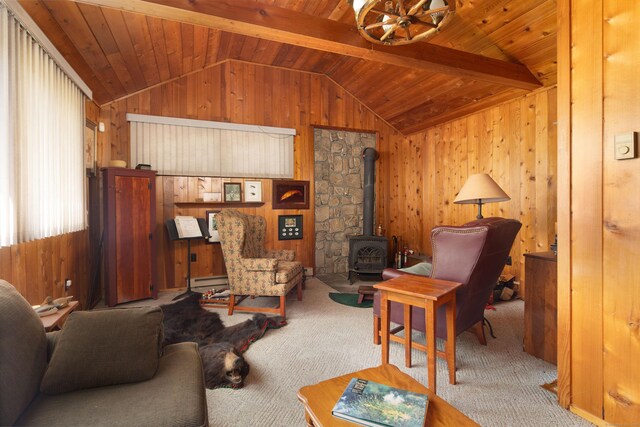 174 Bunker Hill Rd, Cornwall, CT 06796 - living room featuring wooden walls, a wood stove, carpet, wood ceiling, and baseboard heating