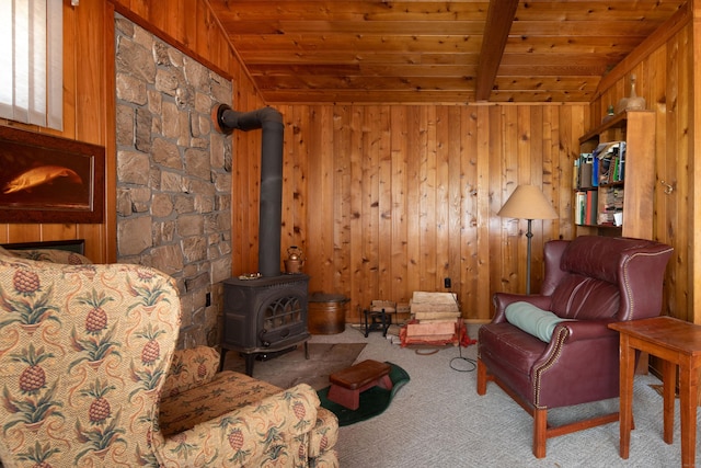 174 Bunker Hill Rd, Cornwall, CT 06796 - living area featuring wood ceiling, a wood stove, carpet, and wooden walls