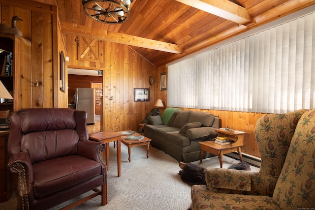 174 Bunker Hill Rd, Cornwall, CT 06796 - carpeted living room with wood walls, a baseboard heating unit, and wooden ceiling