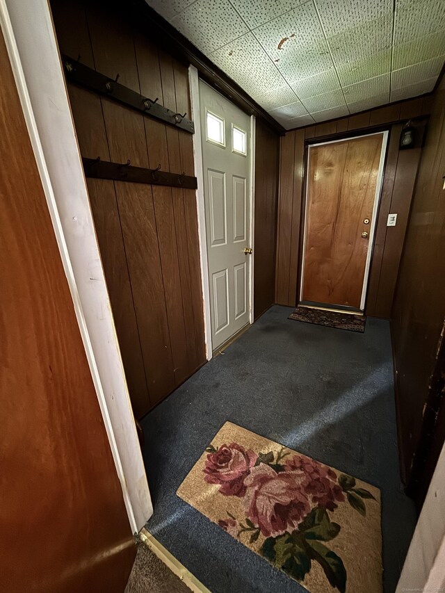 80 Colony St, Ansonia, CT 06401 - doorway to outside featuring carpet and wooden walls