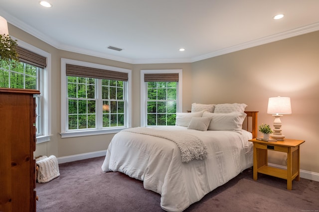 carpeted bedroom featuring baseboards, multiple windows, crown molding, and recessed lighting