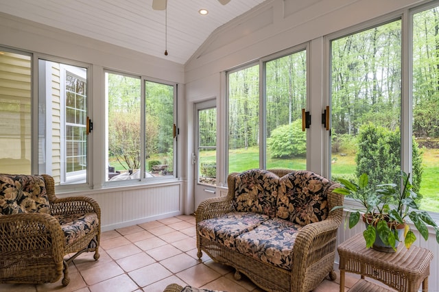 sunroom featuring lofted ceiling, tile patterned flooring, wooden ceiling, and recessed lighting