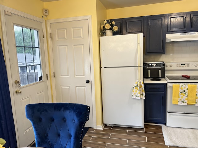 135 Bucks Hill Rd Apt 8, Waterbury, CT 06704 - kitchen featuring white appliances, wood finish floors, backsplash, under cabinet range hood, and light countertops