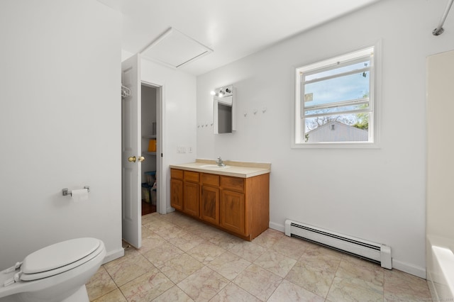 24 Fort Shantok Rd, Montville, CT 06382 - bathroom featuring vanity, toilet, baseboards, a tub, and a baseboard heating unit