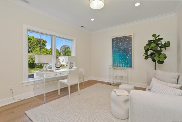 137 Millard St, Fairfield, CT 06824 - home office featuring crown molding, wood finished floors, and recessed lighting