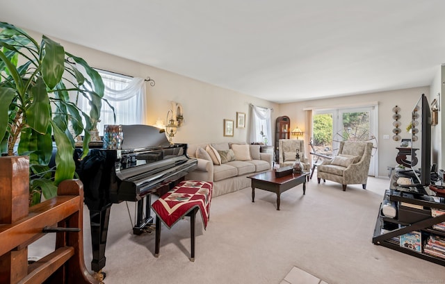 living room featuring healthy amount of natural light and carpet floors
