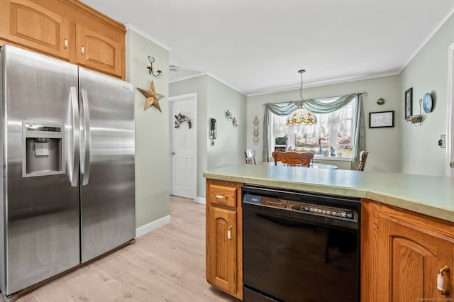 kitchen featuring stainless steel fridge with ice dispenser, black dishwasher, ornamental molding, a chandelier, and light wood-style floors