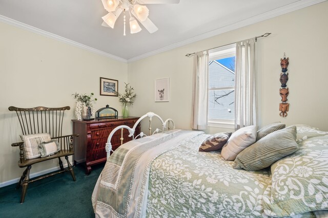 bedroom featuring ornamental molding, carpet, and a ceiling fan