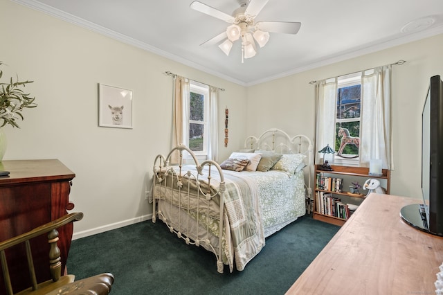bedroom featuring ornamental molding, dark carpet, a ceiling fan, and baseboards