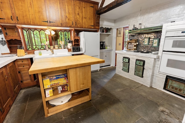 45 Roseland Park Rd, Woodstock, CT 06281 - kitchen with open shelves, wood counters, white appliances, and a sink
