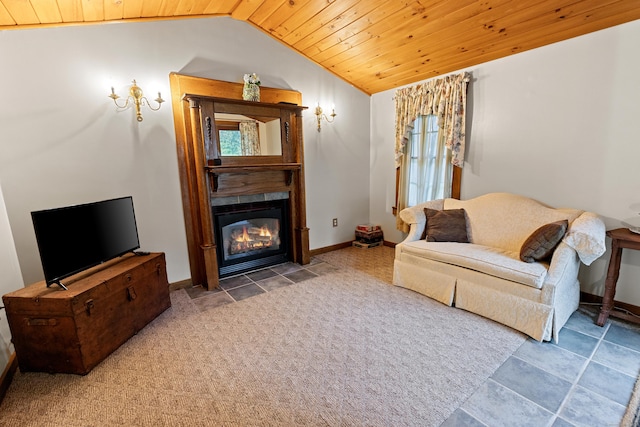 45 Roseland Park Rd, Woodstock, CT 06281 - living room with wooden ceiling, vaulted ceiling, a fireplace with flush hearth, and baseboards