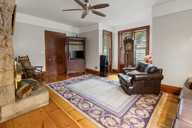 45 Roseland Park Rd, Woodstock, CT 06281 - living room with hardwood / wood-style flooring, ceiling fan, and baseboards