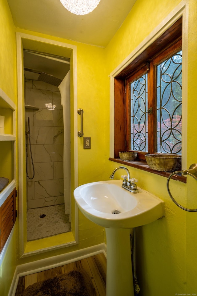 45 Roseland Park Rd, Woodstock, CT 06281 - bathroom featuring a stall shower and wood finished floors