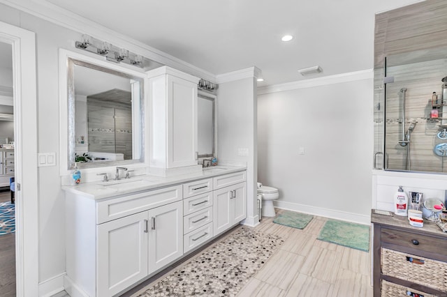 74 Sterling St, Fairfield, CT 06825 - full bath featuring baseboards, crown molding, a sink, and double vanity