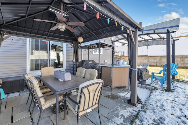 74 Sterling St, Fairfield, CT 06825 - view of patio featuring a gazebo, fence, outdoor dining area, and a ceiling fan