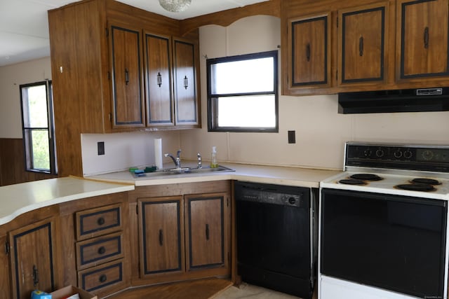 325 Kelly Rd Unit Vt44, Vernon, CT 06066 - kitchen featuring exhaust hood, electric range oven, a sink, light countertops, and black dishwasher