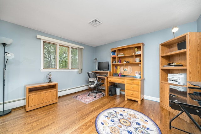 214 Candlewyck Dr, Newington, CT 06111 - office area featuring baseboards, baseboard heating, light wood-type flooring, and visible vents