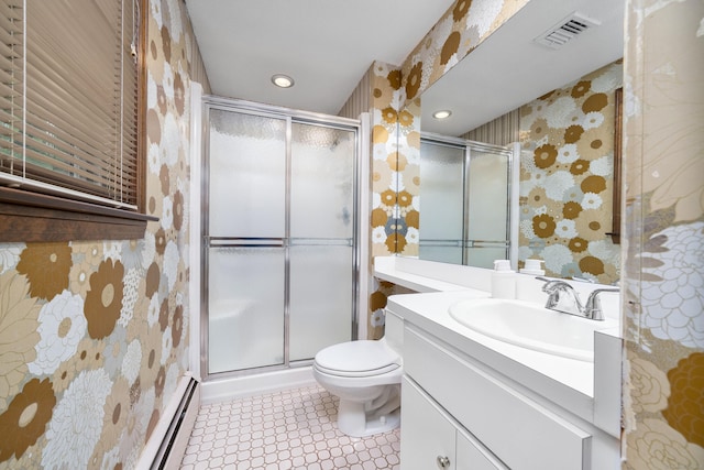 214 Candlewyck Dr, Newington, CT 06111 - full bath featuring a shower stall, visible vents, and wallpapered walls