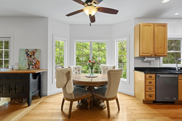 202 Horse Hill Rd, Westbrook, CT 06498 - dining area with light wood-style floors, ceiling fan, baseboards, and recessed lighting