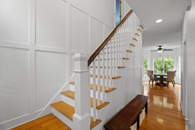 202 Horse Hill Rd, Westbrook, CT 06498 - stairs featuring ceiling fan, wood finished floors, and recessed lighting