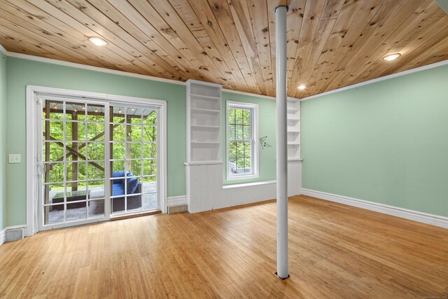 202 Horse Hill Rd, Westbrook, CT 06498 - empty room featuring crown molding, baseboards, wood finished floors, wooden ceiling, and recessed lighting
