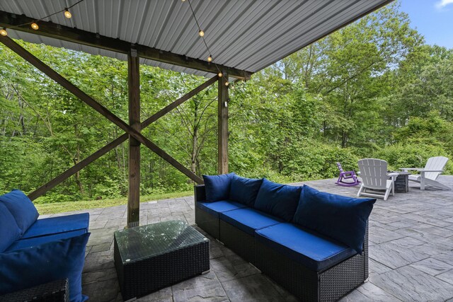 202 Horse Hill Rd, Westbrook, CT 06498 - view of patio / terrace featuring an outdoor living space and a forest view