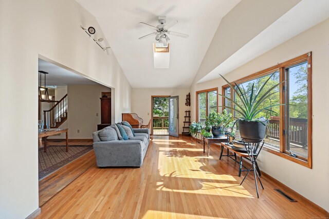 38 Skyline Dr, Brookfield, CT 06804 - living area with stairs, hardwood / wood-style floors, lofted ceiling, and ceiling fan