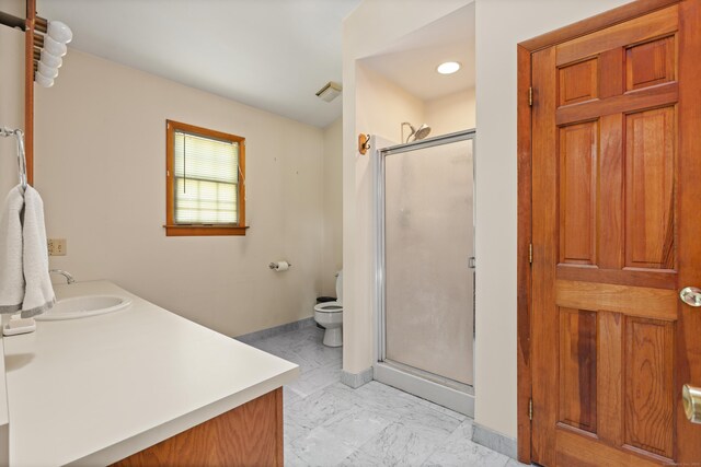 38 Skyline Dr, Brookfield, CT 06804 - bathroom with a stall shower, vanity, toilet, and baseboards