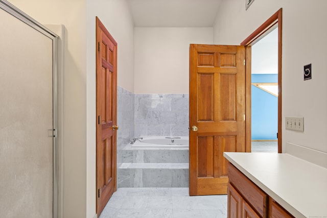38 Skyline Dr, Brookfield, CT 06804 - bathroom featuring a bath, an enclosed shower, and marble look tiles