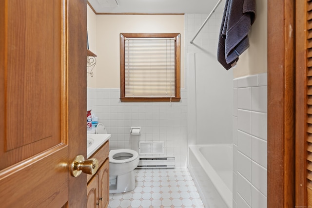38 Skyline Dr, Brookfield, CT 06804 - bathroom with vanity, baseboard heating, tile walls, a wainscoted wall, and bathtub / shower combination