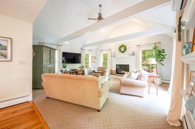 45 Wolf Pit Rd, Southbury, CT 06488 - living room featuring a glass covered fireplace, a baseboard radiator, plenty of natural light, and vaulted ceiling