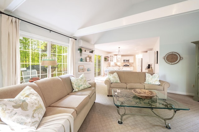 45 Wolf Pit Rd, Southbury, CT 06488 - living room featuring high vaulted ceiling, carpet, a wall mounted AC, and baseboards