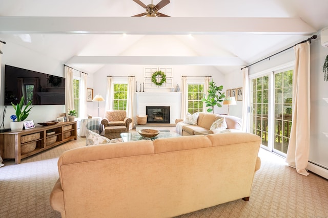 45 Wolf Pit Rd, Southbury, CT 06488 - living area featuring light carpet, a glass covered fireplace, and a ceiling fan