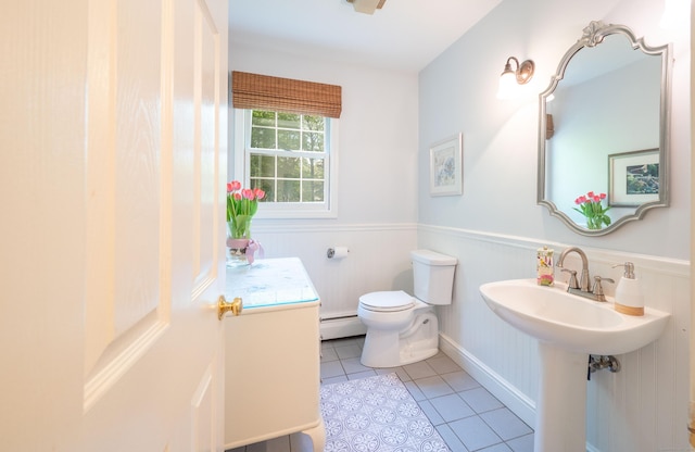 45 Wolf Pit Rd, Southbury, CT 06488 - half bathroom with baseboard heating, toilet, tile patterned flooring, and wainscoting