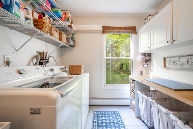 45 Wolf Pit Rd, Southbury, CT 06488 - laundry area with a baseboard heating unit, cabinet space, washer and clothes dryer, and light tile patterned floors