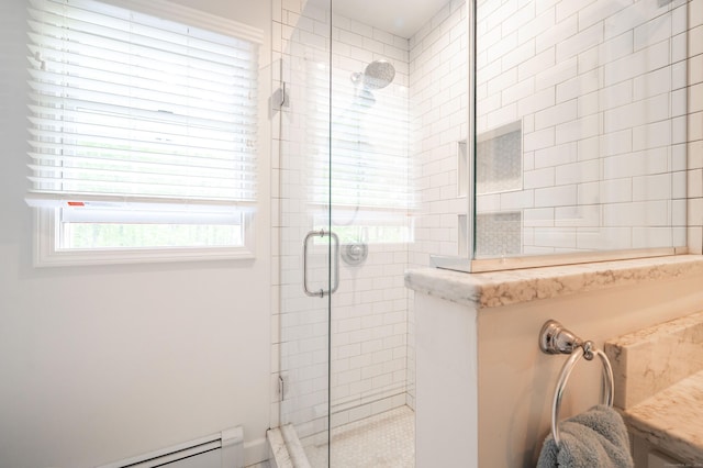 45 Wolf Pit Rd, Southbury, CT 06488 - bathroom featuring baseboard heating and a stall shower