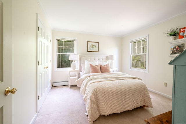 45 Wolf Pit Rd, Southbury, CT 06488 - bedroom with a baseboard heating unit, light carpet, ornamental molding, multiple windows, and baseboards