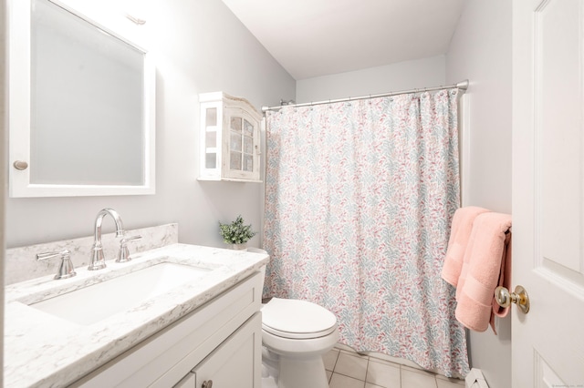 45 Wolf Pit Rd, Southbury, CT 06488 - full bath with vanity, tile patterned floors, toilet, a baseboard heating unit, and curtained shower