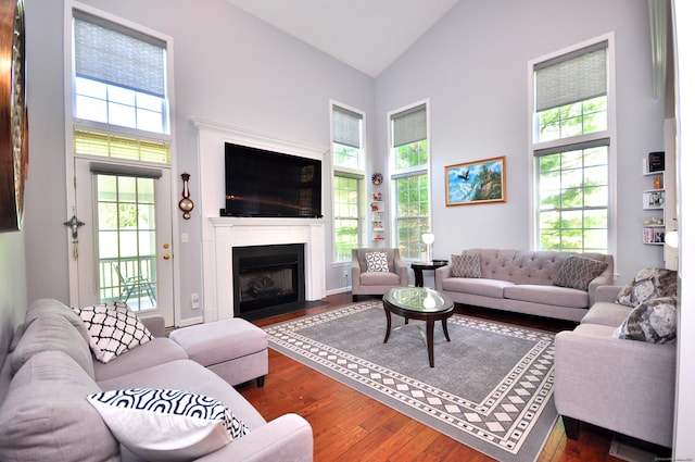 living area featuring a fireplace with flush hearth, high vaulted ceiling, dark wood-type flooring, and a wealth of natural light