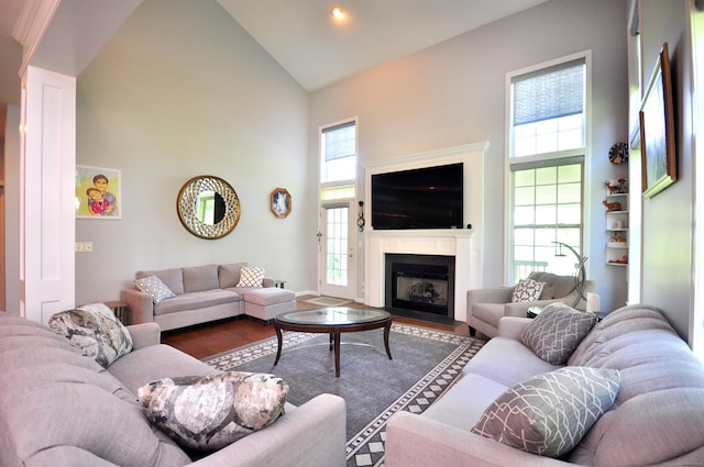 living room with high vaulted ceiling, wood finished floors, and a fireplace