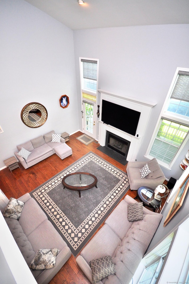 living room featuring a fireplace with flush hearth, a healthy amount of sunlight, and wood finished floors