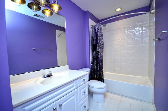 full bathroom featuring visible vents, vanity, shower / bath combination with curtain, toilet, and tile patterned floors