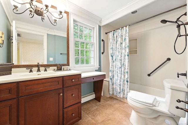 full bath with toilet, shower / bath combo, crown molding, a chandelier, and a baseboard radiator